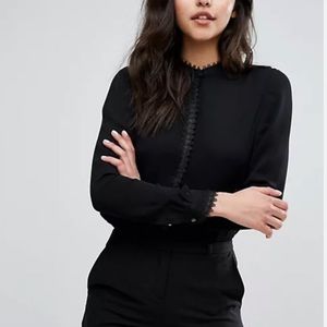 REISS Marissa Lace Trim Button Down Blouse In Black Size 8